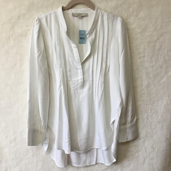 Loft White Split Neck Tunic Blouse with Pintuck Details - Picture 1 of 11